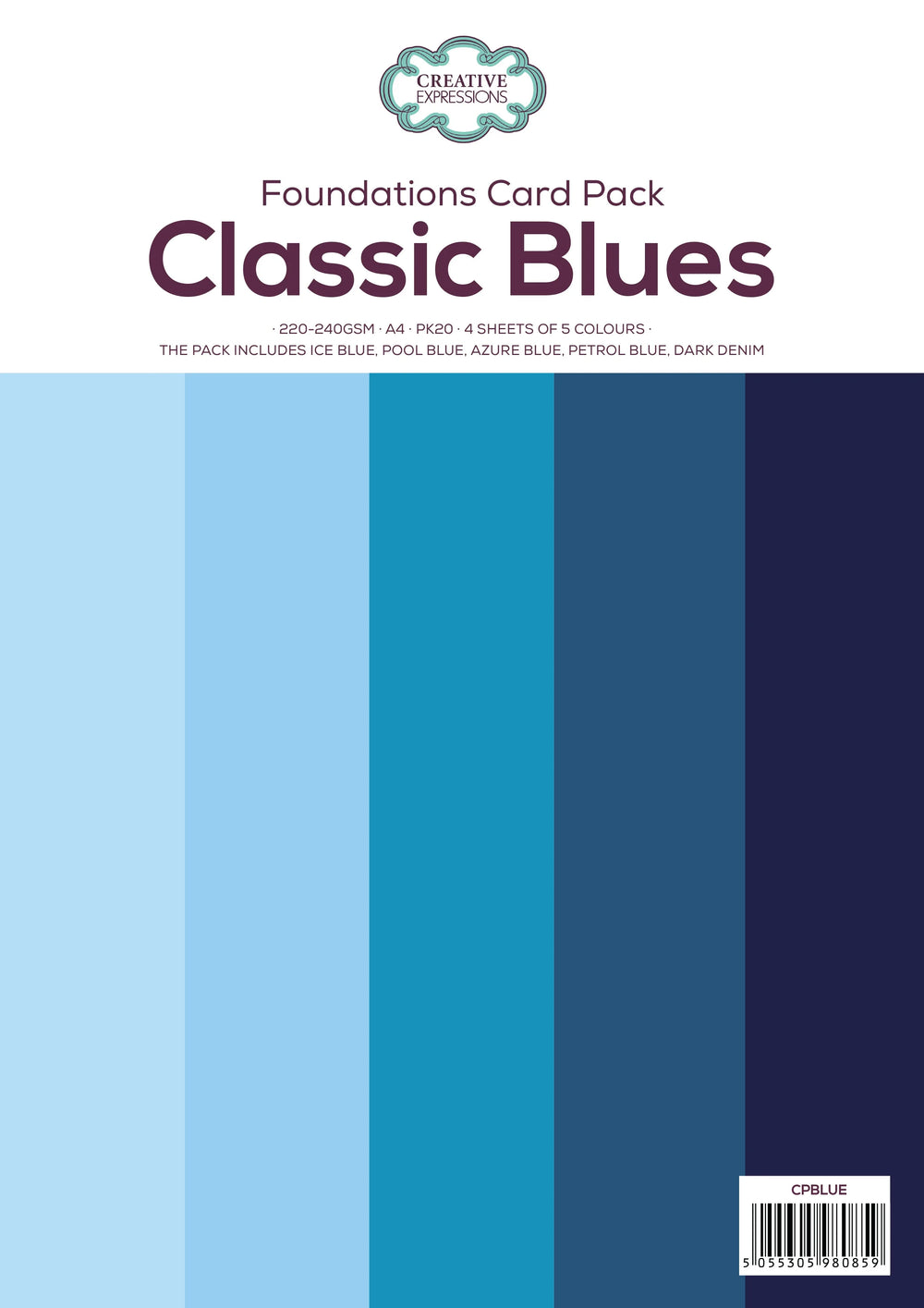 Creative Expressions Classic Blues Papier 220-240gsm A4 Paq.20 4 Feuilles de 5 Couleurs