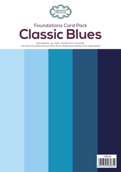 Creative Expressions Classic Blues Papier 220-240gsm A4 Paq.20 4 Feuilles de 5 Couleurs