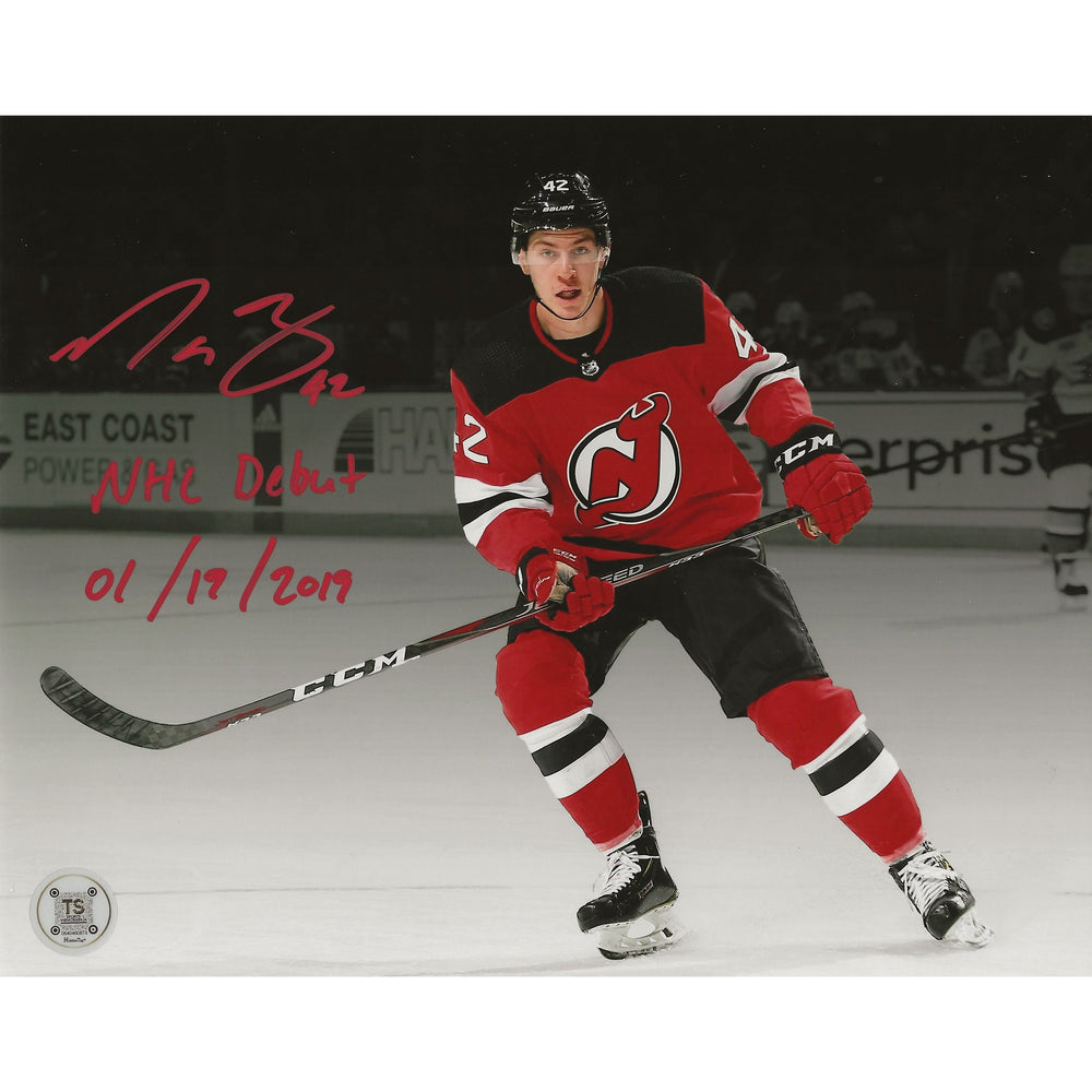 Nathan Bastian Autographed New Jersey Devils Spotlight NHL Debut Inscribed "NHL Debut 01/19/2019" 8x10 Photo — TS Sports Memorabilia