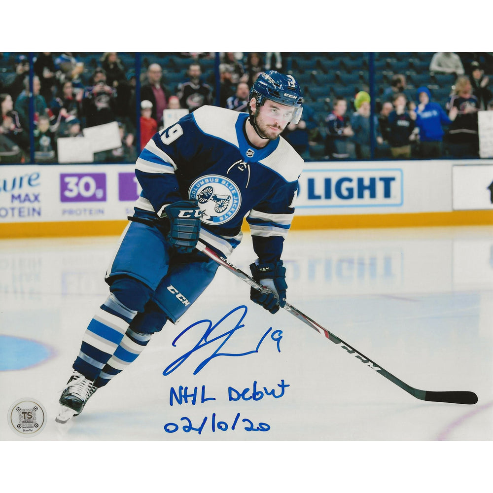 Liam Foudy Autographed Columbus Blue Jackets Warm-Up 8x10 Photo Inscribed "NHL Debut 02/10/20" — TS Sports Memorabilia