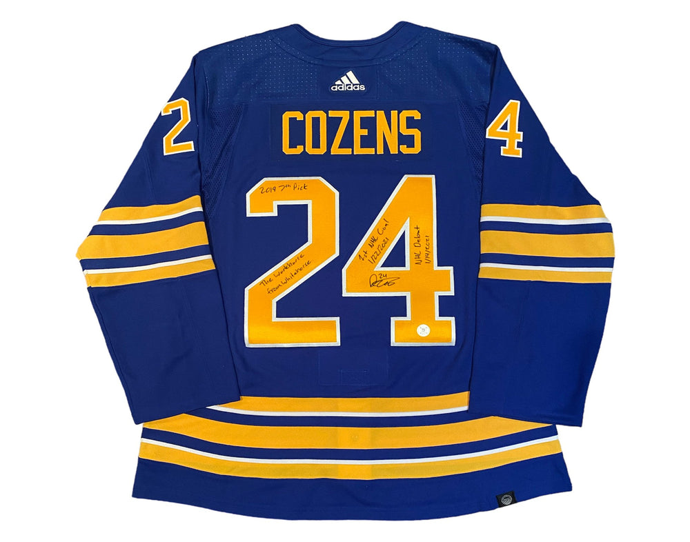 Dylan Cozens Autographed Buffalo Sabres Home Blue Adidas Jersey Multi-Inscribed — TS Sports Memorabilia