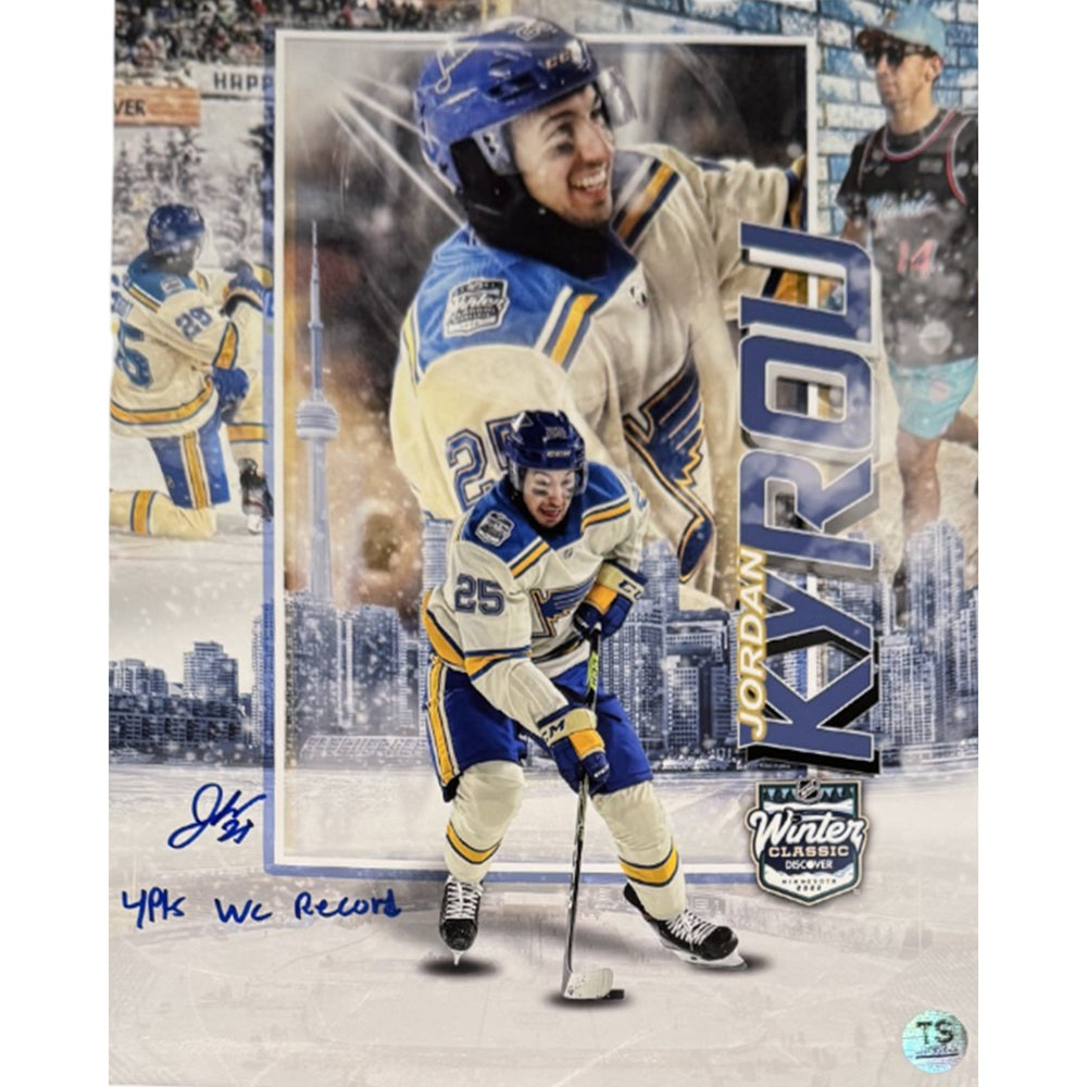 Jordan Kyrou Autographed St. Louis Blues 2022 Winter Classic Artwork 11x14 Photo Inscribed "4Pts WC Record" — TS Sports Memorabilia