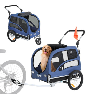 VEVOR Remorque de vélo pour chien, supporte jusqu'à 100 lbs, poussette et remorque de vélo 2-en-1 pour animaux, cadre pliable facile avec roues à dégagement rapide, attelage de vélo universel, réflecteurs, drapeau, bleu/noir