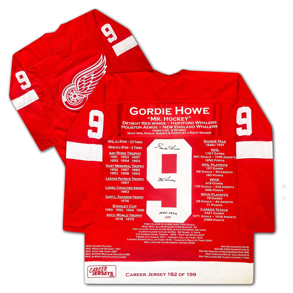 MAILLOT CARRIÈRE DE GORDIE HOWE DES RED WINGS DE DETROIT – OBJET DE COLLECTION AUTOGRAPHIÉ – ÉDITION LIMITÉE /199 – ARTIFACT OFFICIEL DE LA LNH (TAILLE G OU TG)
