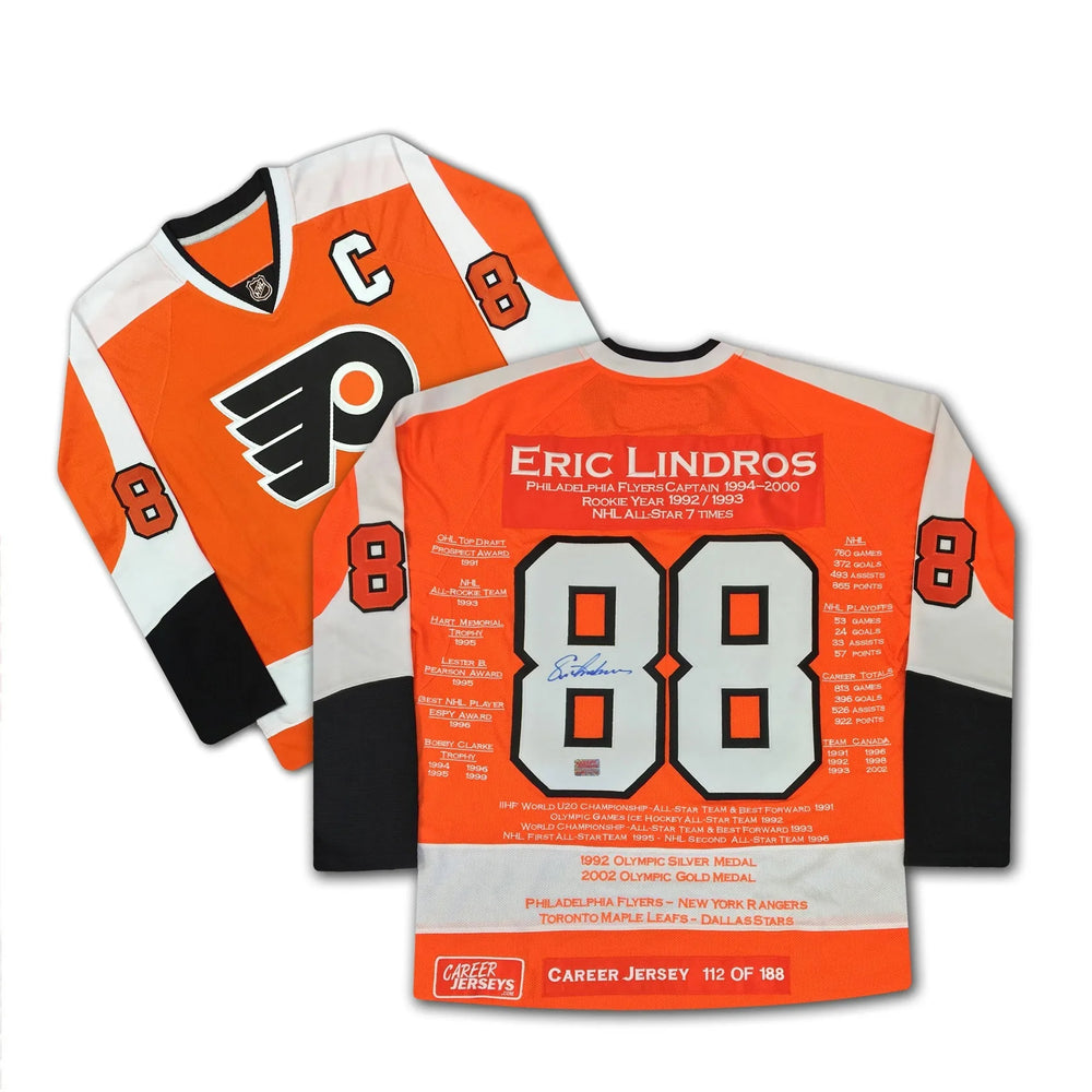 MAILLOT DE CARRIÈRE D'ERIC LINDROS DES FLYERS DE PHILADELPHIA – OBJETS DE COLLECTION AUTOGRAPHIÉS – ÉDITION LIMITÉE /188 – SOUVENIRS OFFICIELS DE LA LNH (TAILLE G OU TG)