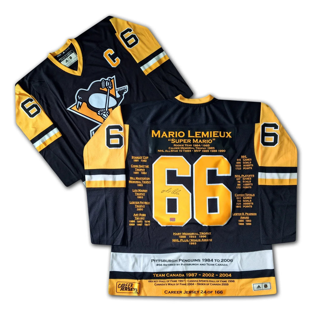 MAILLOT CARRIÈRE DE MARIO LEMIEUX DES PITTSBURGH PENGUINS – REPLICA AUTOGRAPHIÉ DE LA LNH – ÉDITION LIMITÉE /166 – OBJET DE COLLECTION LÉGENDAIRE (GRANDEUR G OU TG)