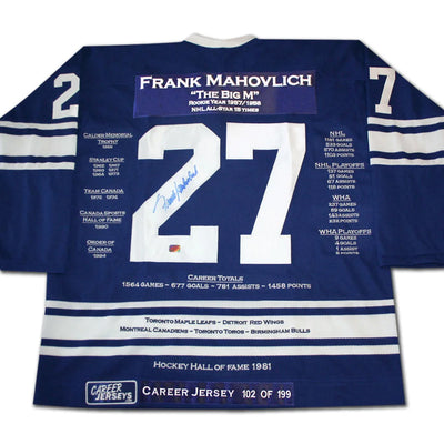 FRANK MAHOVLICH TORONTO MAPLE LEAFS CAREER JERSEY – AUTOGRAPHED COLLECTIBLE – LIMITED EDITION /199 – OFFICIAL NHL MEMORABILIA (SIZE L OR XL)