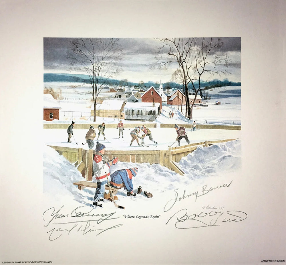 WHERE LEGENDS BEGIN LITHOGRAPH SIGNED BY BOWER, HULL, COURNOYER & DIONNE – NHL STARS 10" X 10" AUTOGRAPH COLLECTIBLE WITH COA