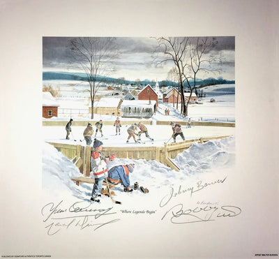 OÙ LES LÉGENDES COMMENCENT LITHOGRAPHIE SIGNÉE PAR BOWER, HULL, COURNOYER ET DIONNE – VEDETTES LNH 10" X 10" AUTOGRAPHE DE COLLECTION AVEC C.A.