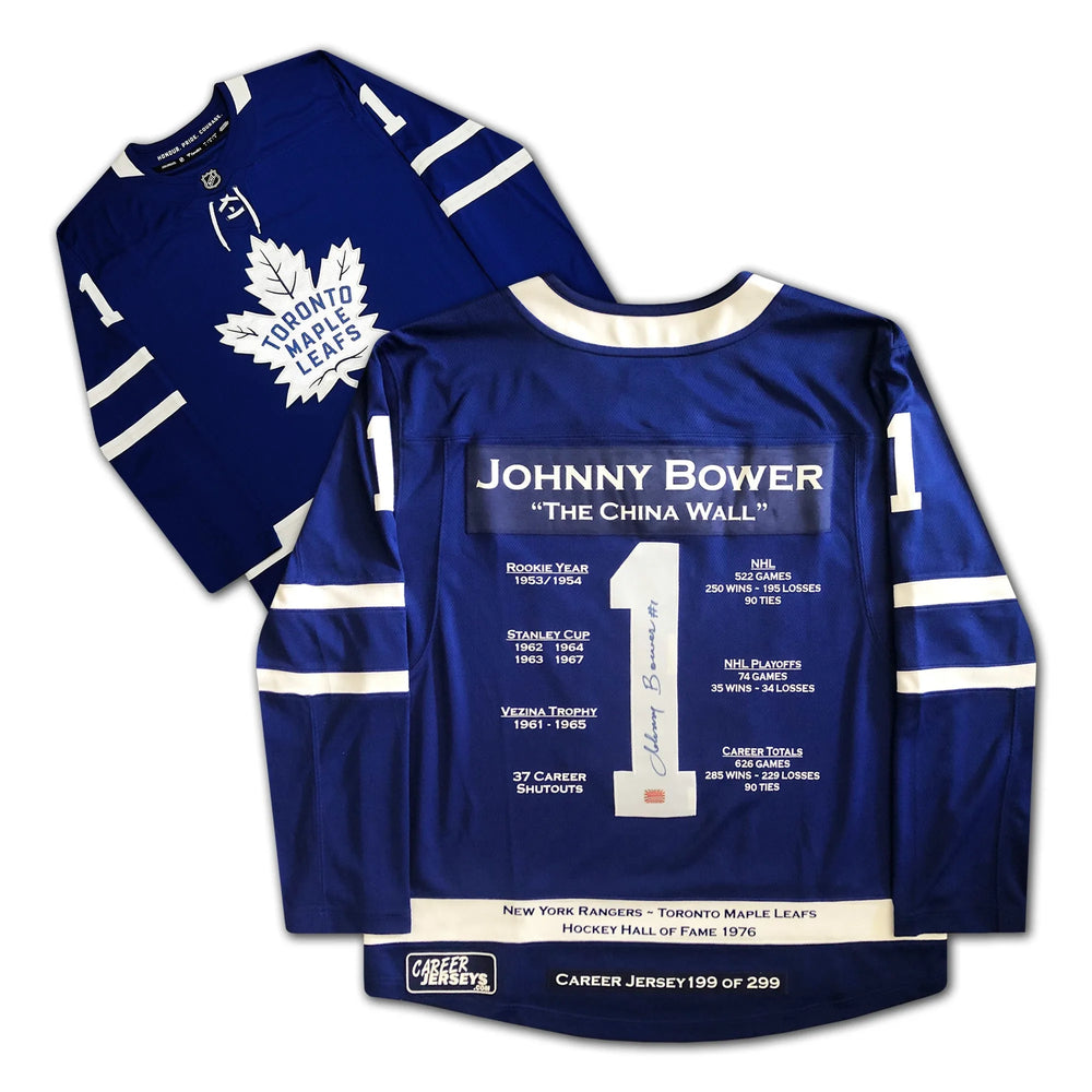 MAILLOT DE CARRIÈRE DE JOHNNY BOWER DES MAPLE LEAFS DE TORONTO – SOUVENIRS AUTOGRAPHIÉS DE LA LNH – ÉDITION LIMITÉE /299 – OBJET DE COLLECTION DU TEMPLE DE LA RENOMMÉE (TAILLE L OU XL)