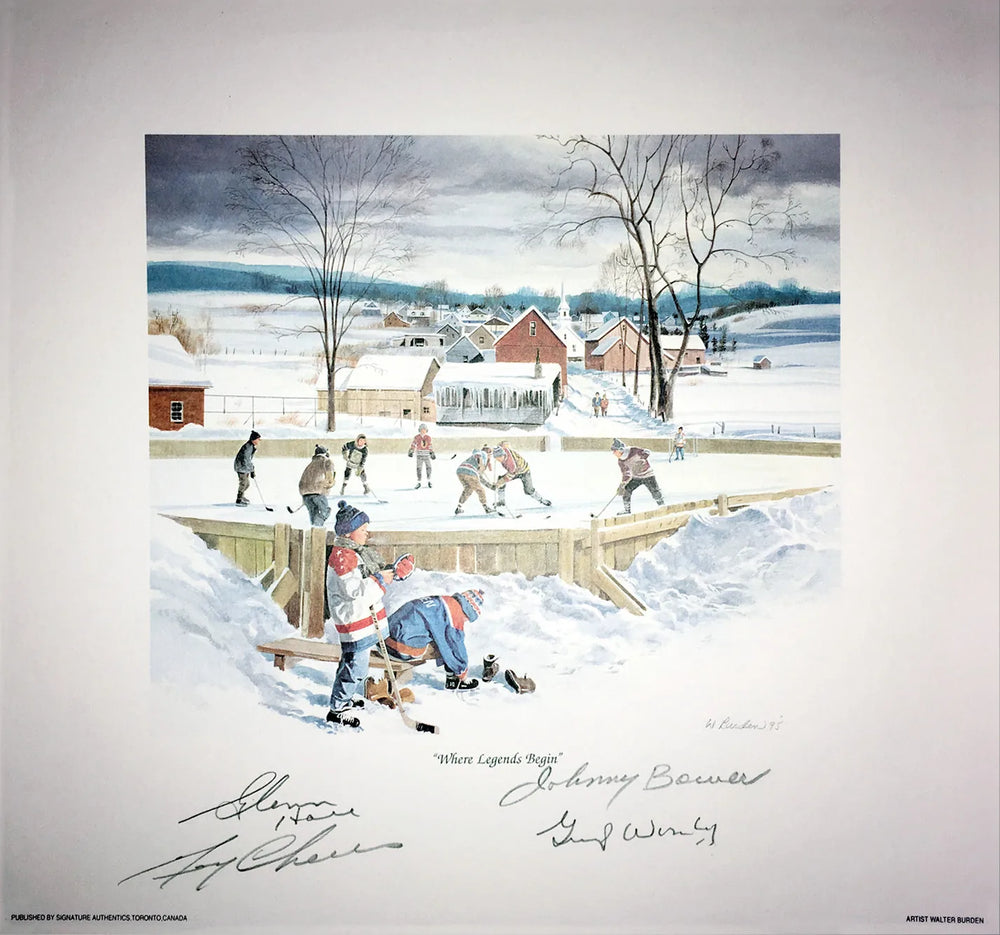 OÙ LES LÉGENDES COMMENCENT LITHOGRAPHIE SIGNÉE PAR CHEEVERS, HALL, BOWER ET WORSLEY – LES GRANDS GARDIENS DU NHL 10" X 10" COA AFFICHAGE AUTOGRAPHE