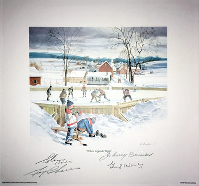 OÙ LES LÉGENDES COMMENCENT LITHOGRAPHIE SIGNÉE PAR CHEEVERS, HALL, BOWER ET WORSLEY – LES GRANDS GARDIENS DU NHL 10" X 10" COA AFFICHAGE AUTOGRAPHE