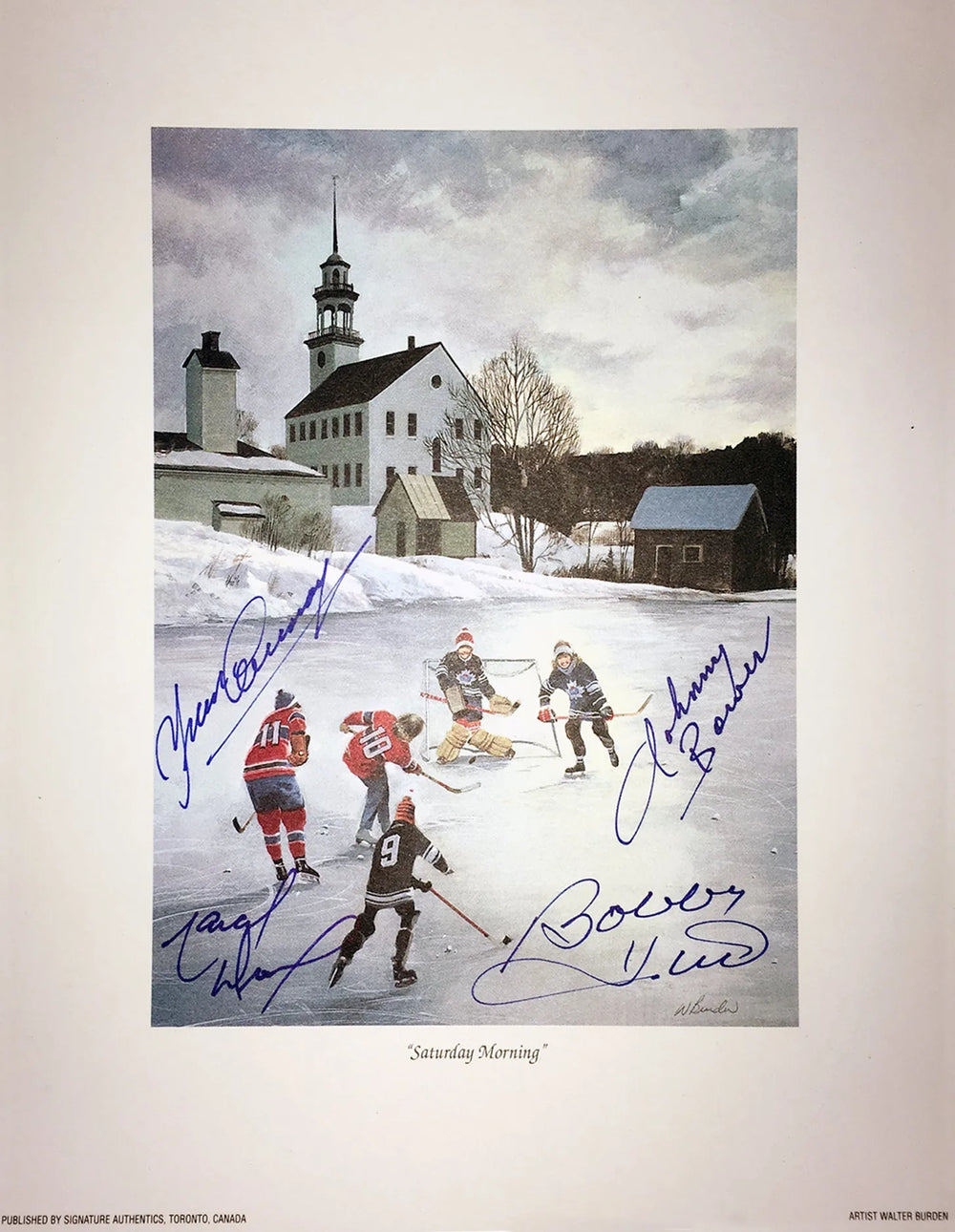 SATURDAY MORNING SIGNED LITHOGRAPH – BOWER, HULL, COURNOYER & DIONNE – NHL LEGENDS 9.5" X 8" AUTOGRAPH COLLECTIBLE