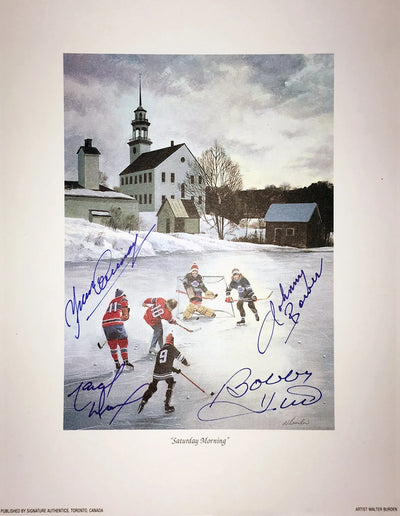 SATURDAY MORNING SIGNED LITHOGRAPH – BOWER, HULL, COURNOYER & DIONNE – NHL LEGENDS 9.5" X 8" AUTOGRAPH COLLECTIBLE