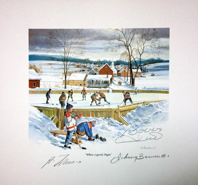 WHERE LEGENDS BEGIN LITHOGRAPH SIGNED BY BOWER, HULL & LAFLEUR – NHL ICONS 10" X 10" COA CERTIFIED AUTOGRAPH COLLECTIBLE