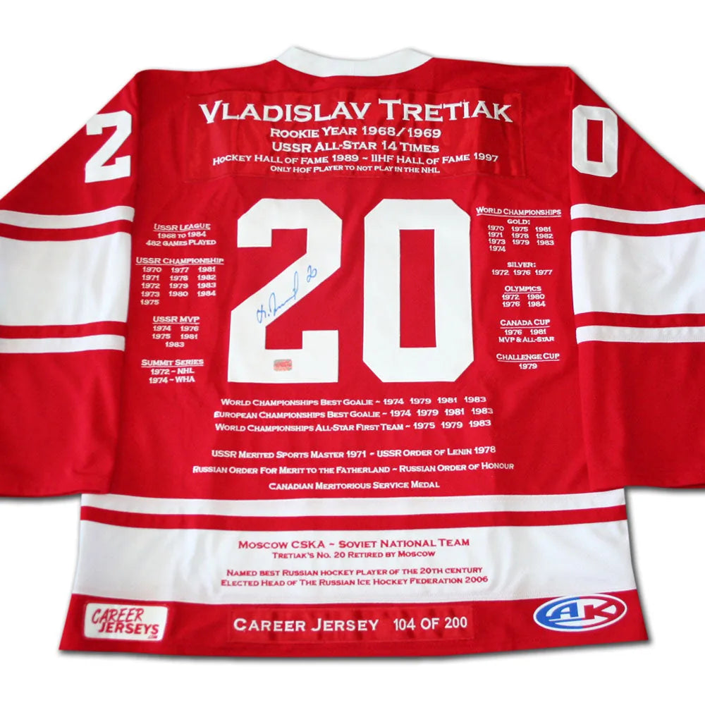 MAILLOT DÉDICACÉ DE VLADISLAV TRETIAK – ÉDITION LIMITÉE 200 – HÉROS DU HOCKEY DE L'URSS – OBJET DE COLLECTION DU TEMPLE DE LA RENOMMÉE (GRANDEUR G OU TG)