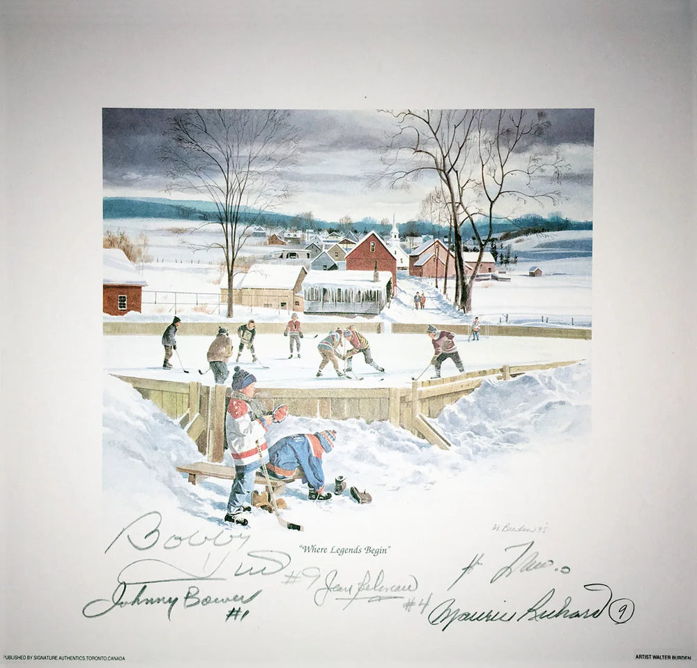 OÙ LES LÉGENDES COMMENCENT – LITHOGRAPHIE SIGNÉE PAR BOWER, LAFLEUR, BÉLIVEAU, HULL ET RICHARD – OBJET DE COLLECTION DES GRANDS DE LA LNH 10" X 10" AVEC C.A.