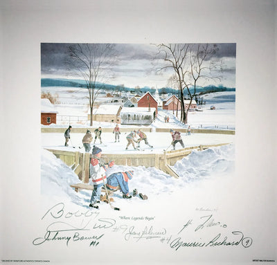 OÙ LES LÉGENDES COMMENCENT – LITHOGRAPHIE SIGNÉE PAR BOWER, LAFLEUR, BÉLIVEAU, HULL ET RICHARD – OBJET DE COLLECTION DES GRANDS DE LA LNH 10" X 10" AVEC C.A.