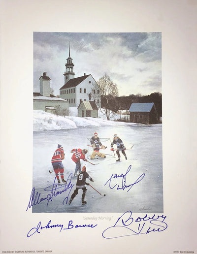 LITHOGRAPHAGE DU SAMEDI MATIN HHOF SIGNÉ PAR BOWER, HULL, STANLEY ET DIONNE – LÉGENDES DU HOCKEY, IMPRESSION DE COLLECTION 9,5" X 8" AVEC C.A.
