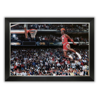 MICHAEL JORDAN 1988 SLAM DUNK CONTEST FRAMED CANVAS – CHICAGO BULLS NBA LEGEND – ICONIC MID-AIR POSTER TRIBUTE – VINTAGE BASKETBALL WALL ART (33.5" X 23.5")