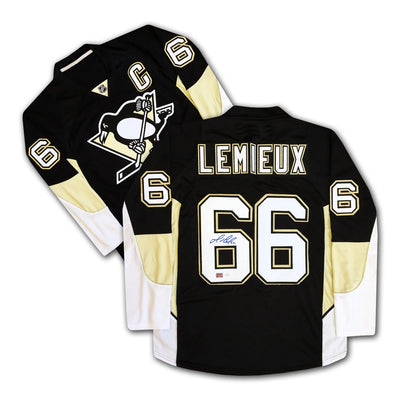 MAILLOT NOIR DES PITTSBURGH PENGUINS AUTOGRAPHIÉ PAR MARIO LEMIEUX – OBJET DE COLLECTION DE HOCKEY DE LA LNH SIGNÉ (GRANDEUR G OU TG)
