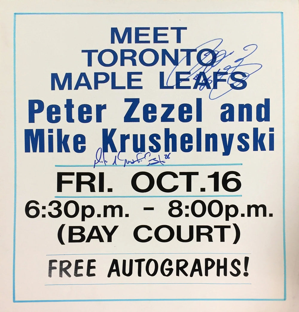 ENSEIGNE DE HOCKEY SIGNÉE PAR PETER ZEZEL ET MIKE KRUSHELNYSKI – AUTOGRAPHE DES TORONTO MAPLE LEAFS – OBJET DE COLLECTION ENCADRÉ (28" X 22")