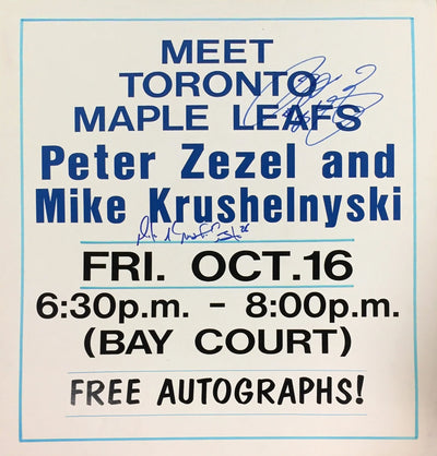 ENSEIGNE DE HOCKEY SIGNÉE PAR PETER ZEZEL ET MIKE KRUSHELNYSKI – AUTOGRAPHE DES TORONTO MAPLE LEAFS – OBJET DE COLLECTION ENCADRÉ (28" X 22")