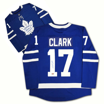 MAILLOT BLEU DU TORONTO MAPLE LEAFS AUTOGRAPHE PAR WENDEL CLARK – OBJET DE COLLECTION DE HOCKEY DE LA LNH SIGNÉ (GRANDEUR G OU TG)
