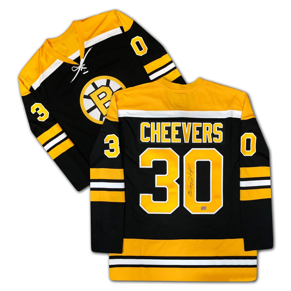 Maillot noir autographié GERRY CHEEVERS des BRUINS de Boston – Objet de collection de hockey LNH signé (GRANDEUR G OU TG)