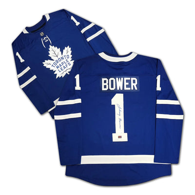 MAILLOT BLEU JOHNNY BOWER AUTOGRAPHE DES TORONTO MAPLE LEAFS – OBJET DE COLLECTION DE HOCKEY DE LA LNH SIGNÉ (TAILLE G OU TG)