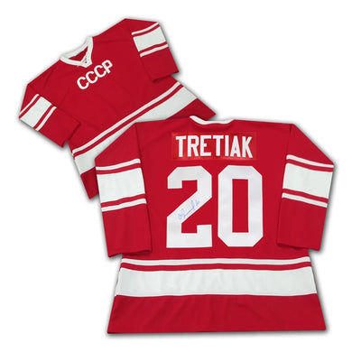 MAILLOT CCCP ROUGE SIGNÉ PAR VLADISLAV TRETIAK – SOUVENIR DE HOCKEY SOVIÉTIQUE AUTHENTIQUE (GRANDEUR G OU TG)
