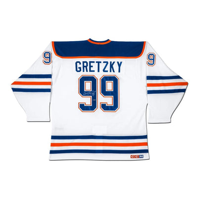 MAILLOT BLANC DE WAYNE GRETZKY AUTOGRAPHIÉ DES EDMONTON OILERS – SCA CERTIFIÉ – OBJET DE COLLECTION HOCKEY NHL SIGNÉ PAR THE GREAT ONE (GRANDEUR G OU TG)
