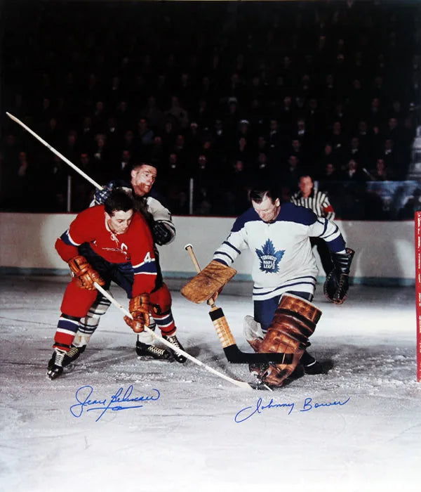 JEAN BELIVEAU & JOHNNY BOWER DUAL?SIGNED 16" X 20" PHOTO MONTREAL CANADIENS & TORONTO MAPLE LEAFS NHL COLLECTIBLE (20" X 16") – AUTOGRAPHED MEMORABILIA DISPLAY – AUTHENTIC SIGNED COLLECTIBLE