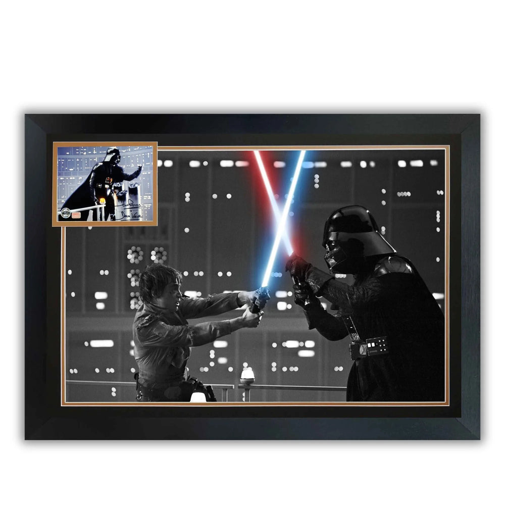 STAR WARS EMPIRE STRIKES BACK FRAMED PHOTO – DAVID PROWSE SIGNED DARTH VADER VS LUKE SKYWALKER LIGHTSABER DUEL (38.5" X 28")