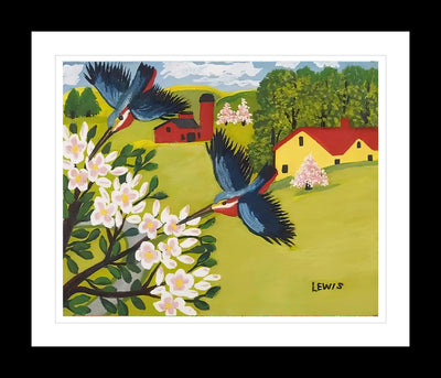 IMPRESSION D'ART ENCADRÉE PAR MAUD LEWIS OISEAUX-MOUCHES ART POPULAIRE STYLE PLAT DÉCOR MURAL 24 X 28 POUCES