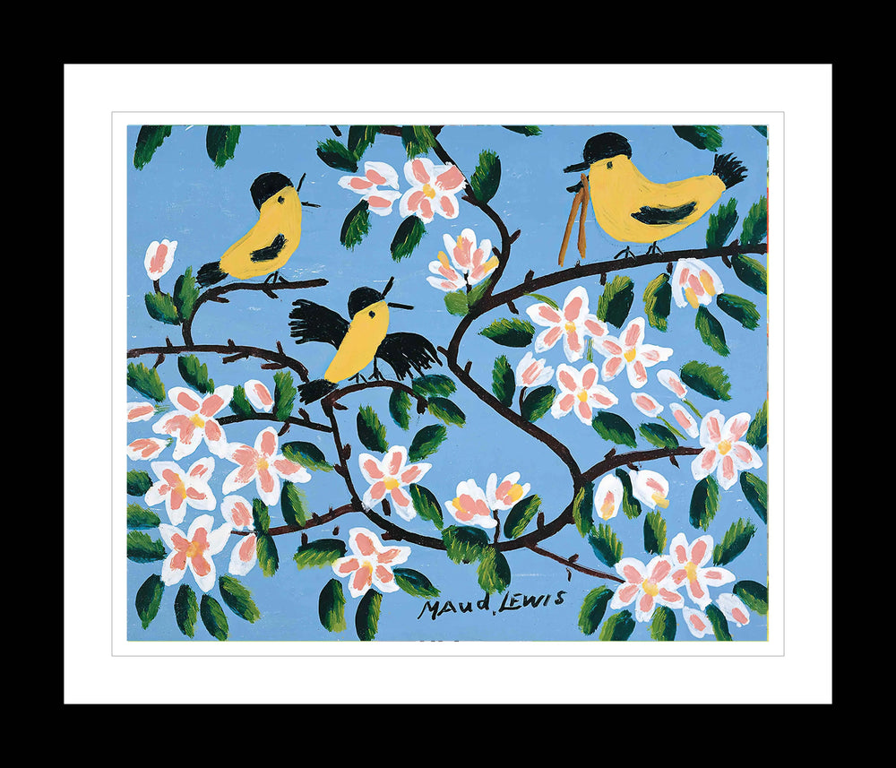 IMPRIMÉ D'ART ENCADRÉ PAR MAUD LEWIS OISEAUX JAUNES ART POPULAIRE PEINTURE STYLE PLAT DÉCOR MURAL 24 X 28 POUCES