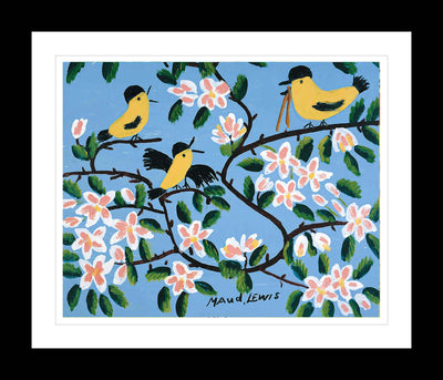 IMPRIMÉ D'ART ENCADRÉ PAR MAUD LEWIS OISEAUX JAUNES ART POPULAIRE PEINTURE STYLE PLAT DÉCOR MURAL 24 X 28 POUCES