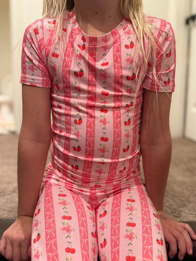 Pantalon de pyjama rose pour enfants avec nœuds fraises et cerises