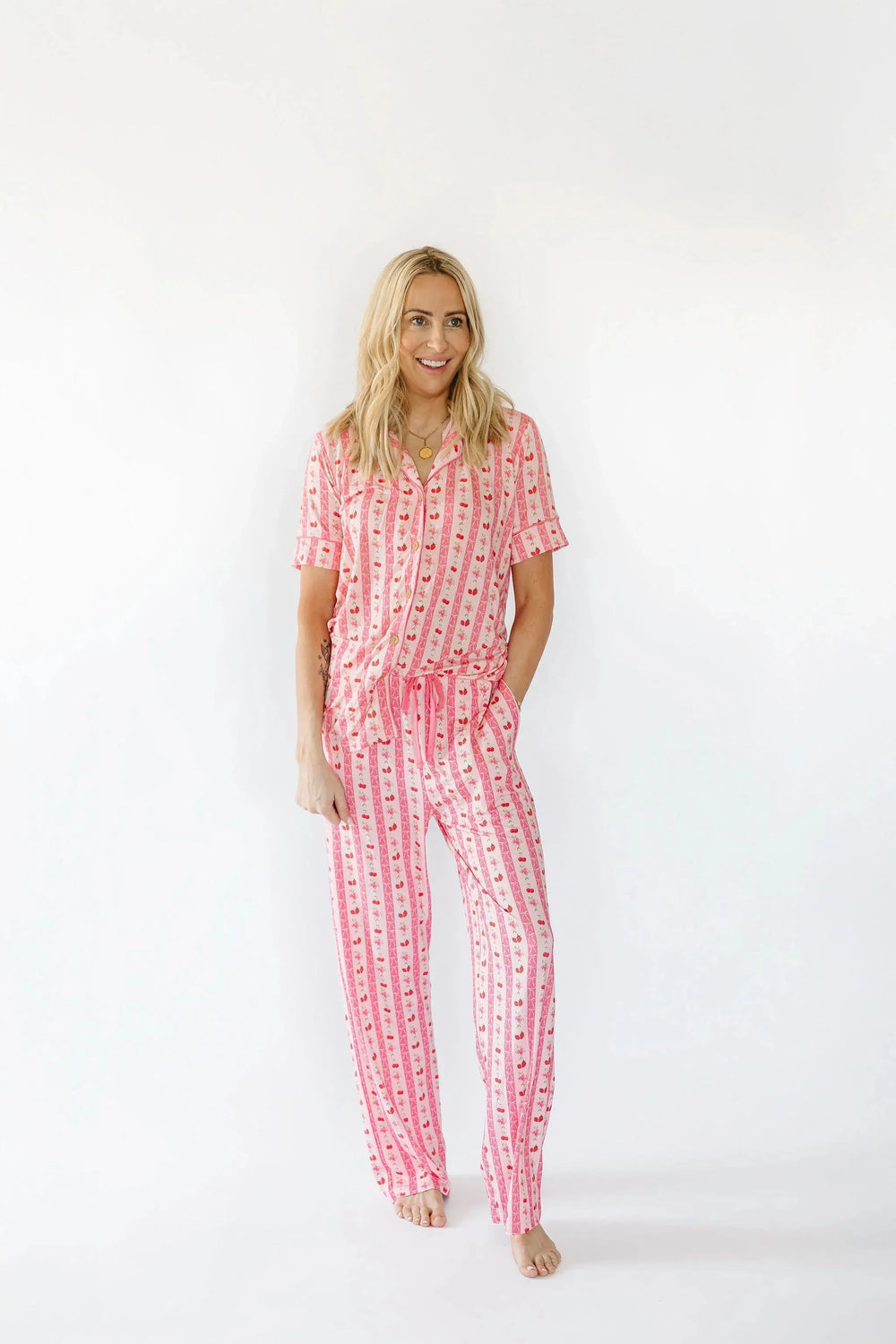Pantalon de pyjama pour adulte Rose Fraises et Cerises avec nœuds