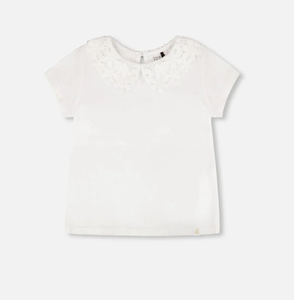 T-shirt avec col Claudine en crochet | Blanc | Duex par Deux