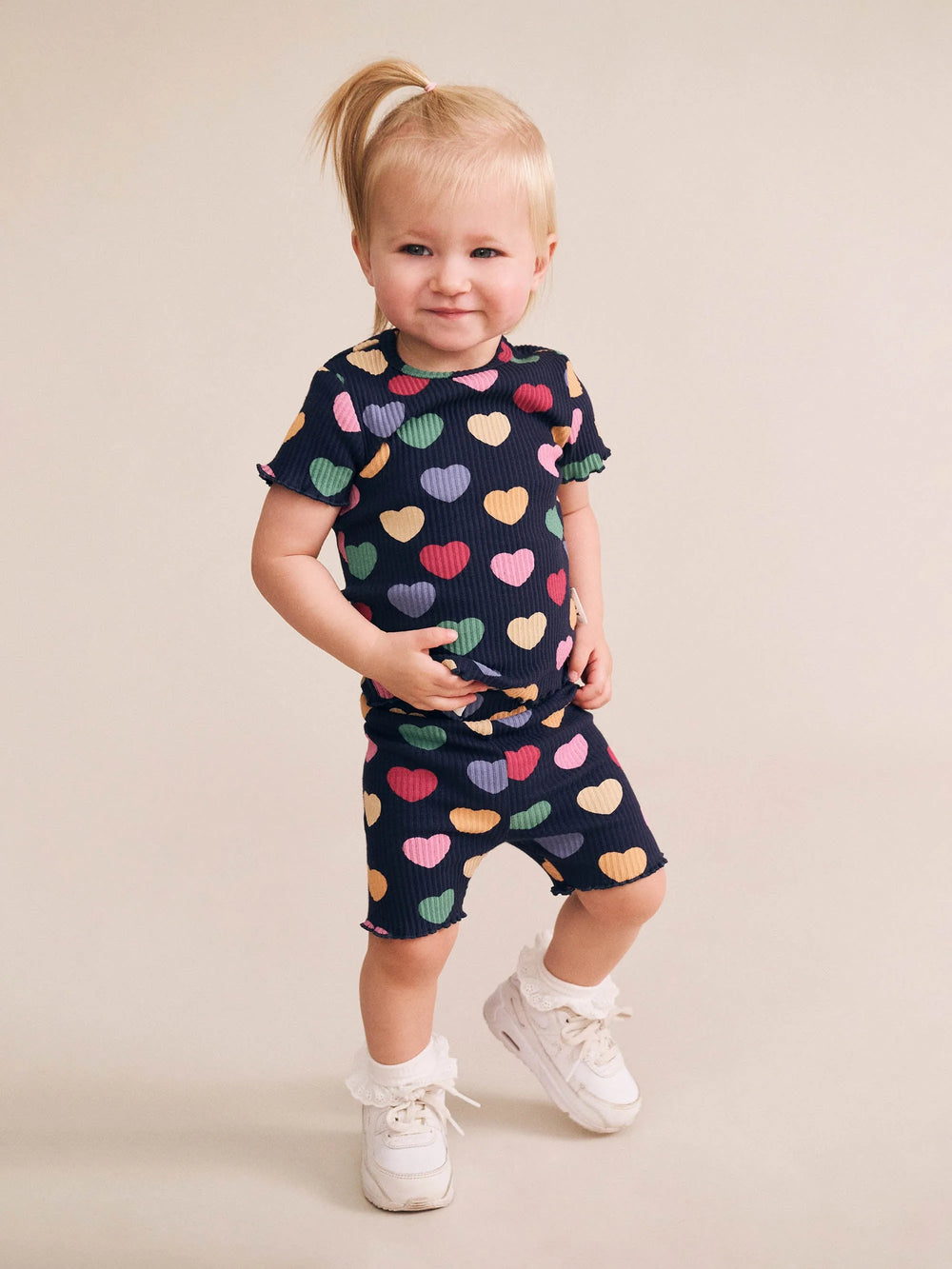 Multi Hearts Rib Tee  Set | Navy | Huxbaby
