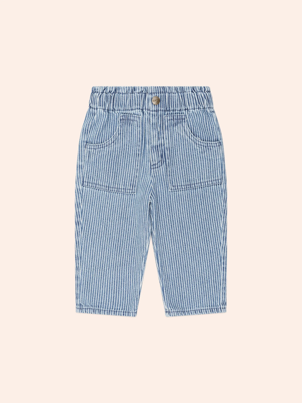 Pantalons en denim à taille papier style rétro avec nœud | Rayures bleues | Huxbaby