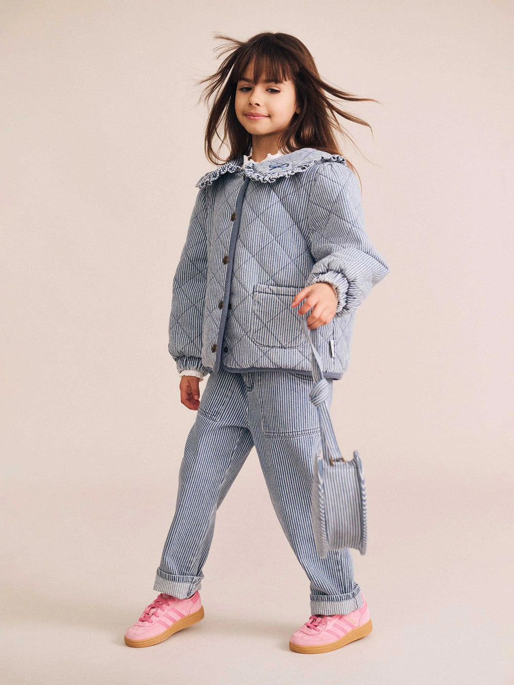Veste en denim à col nœud vintage | Rayure bleue | Huxbaby