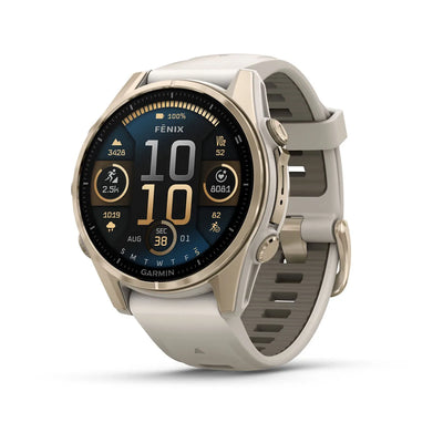 Fēnix® 8 – 43 mm AMOLED Or doux avec bracelet Gris brouillard/Sable foncé