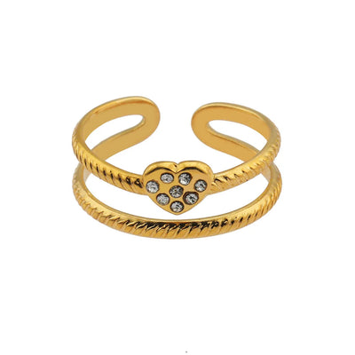 RENEE Or : Bague Cœur Double Superposé Orné de Zircon Cubique (CZ)
