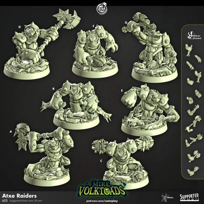 Axte Raiders - Cast n Play Mire Volktoads | DnD Miniature | Beastmen | Toad | Frog | Bullywug | Monster | Fighter | Melee | Barbarian