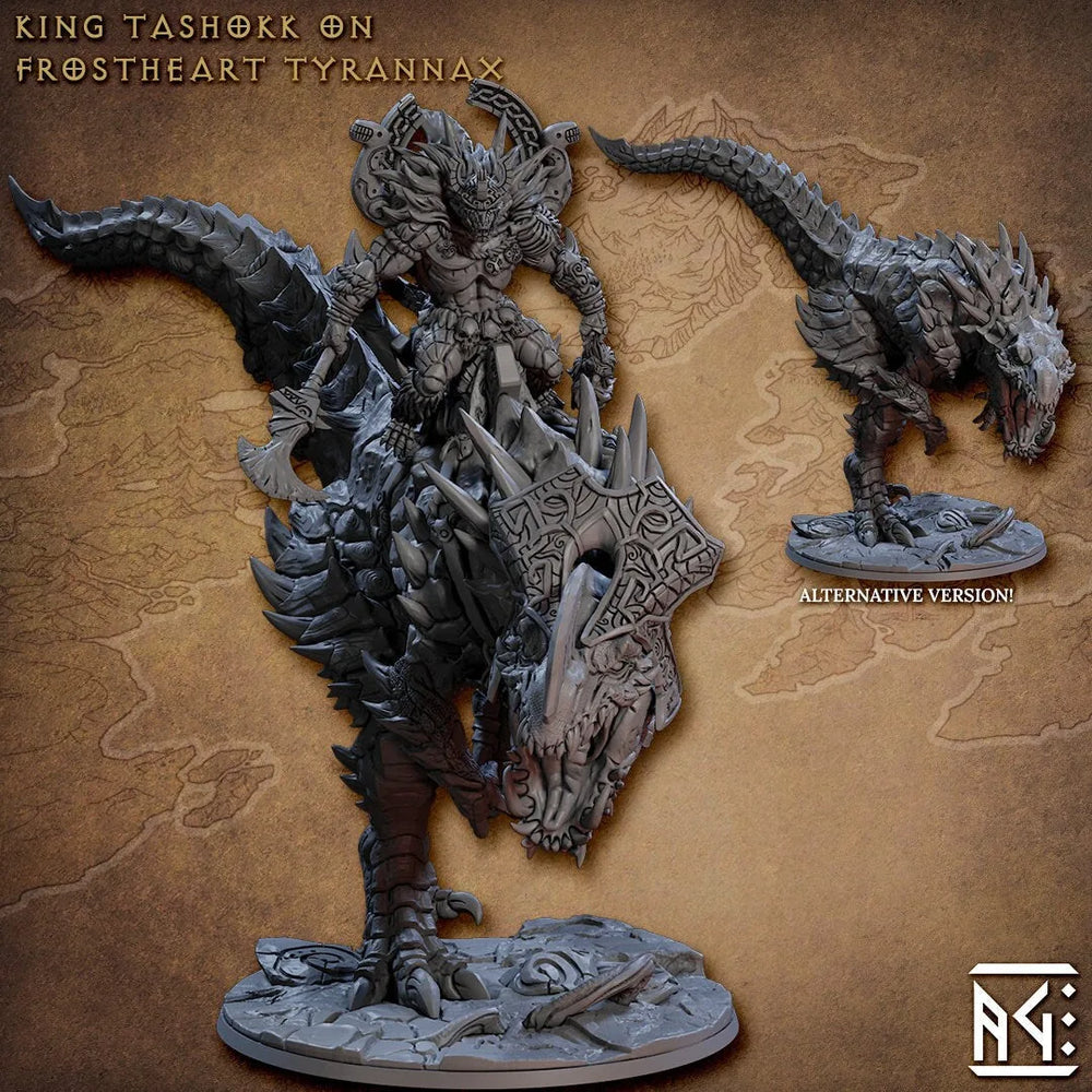 Tashokk on Tyrannax - AG - Frostheart Lizardmen | DnD Miniature | Lizardfolk | Fighter | Barbarian | Champion, Male, Mount| Pathfinder 2E
