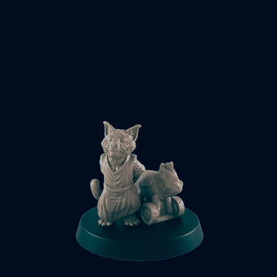 Catfolk Child with Toy - EC3D | DnD | Tabaxi | Child | Villager | Female | Male | 32mm | Pathfinder | commoner | TTRPG | Wargaming