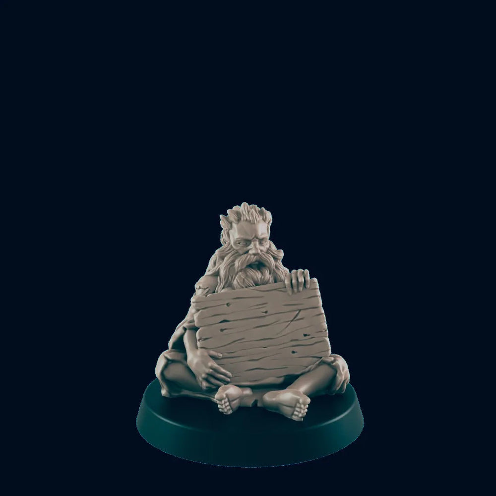 Mendiant humain avec pancarte - EC3D | DnD | Homme | Paysan | Villageois | Démuni | 32mm | Pathfinder | roturier | TTRPG | Wargaming
