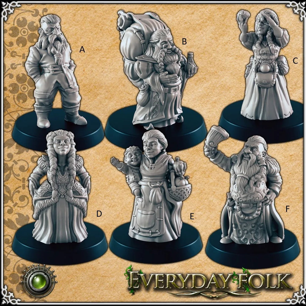 Dwarven common folk mini set for DnD - EC3D | Townsfolk | Dwarves | Male | Female | Commoner | Noble | 28mm 32mm | Pathfinder | Fantasy